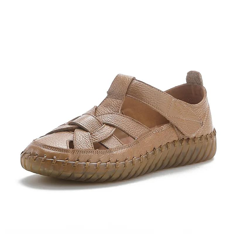 Fashion New T Strap Roman Shoes 43 Woman Genuine Leather Flats Fisherman Sandals Women's Summer Hollow Breathable Lazy Shoes Lady Flats