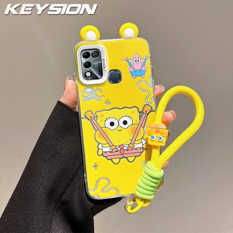 KEYSION Cute Ear Cartoon Case for Infinix Hot 11 Play with Lanyard Soft Silicone+PC Shockproof Phone Back Cover for Infinix Hot 10 9 Play