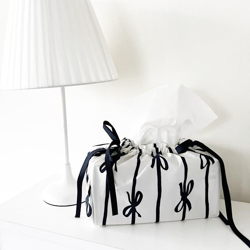1pc Ribbon Drawstring Adjustable Tissue Bag Home Kitchen Fabric Tissue Box Fashionable Practical Home Decoration Essentials