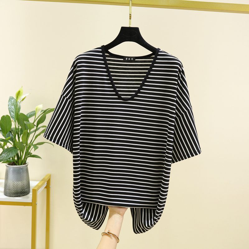 

Modal V Neck Stripes T-shirt Female Summer Casual Versatile Short Sleeve Tops Plus Size Loose Slim Looking Thin Bottoming Shirt Black Stripes L (Recommendation 40.00 kg-55.00 kg