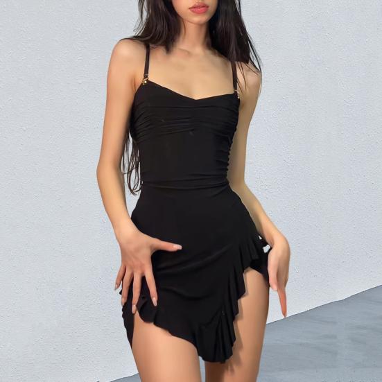 Summer Women Dress Irregular Ruffle Hem Low-cut V Neck Sleeveless Skinny Backless Spaghetti Strap Pleated High Waist Party Nightclub Dating