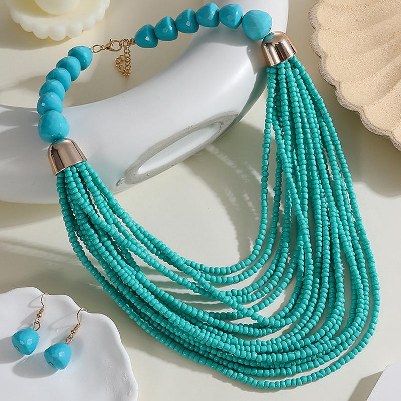 Bohemian Vacation Style Rice Beads Handmade Jewelry Set for Women Multilayer Necklace Earrings Accessories