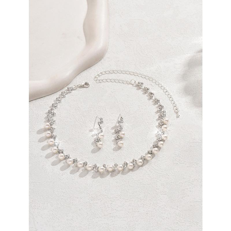 Super sparkling full diamond pearl necklace earrings suit bridal jewelry three-piece set