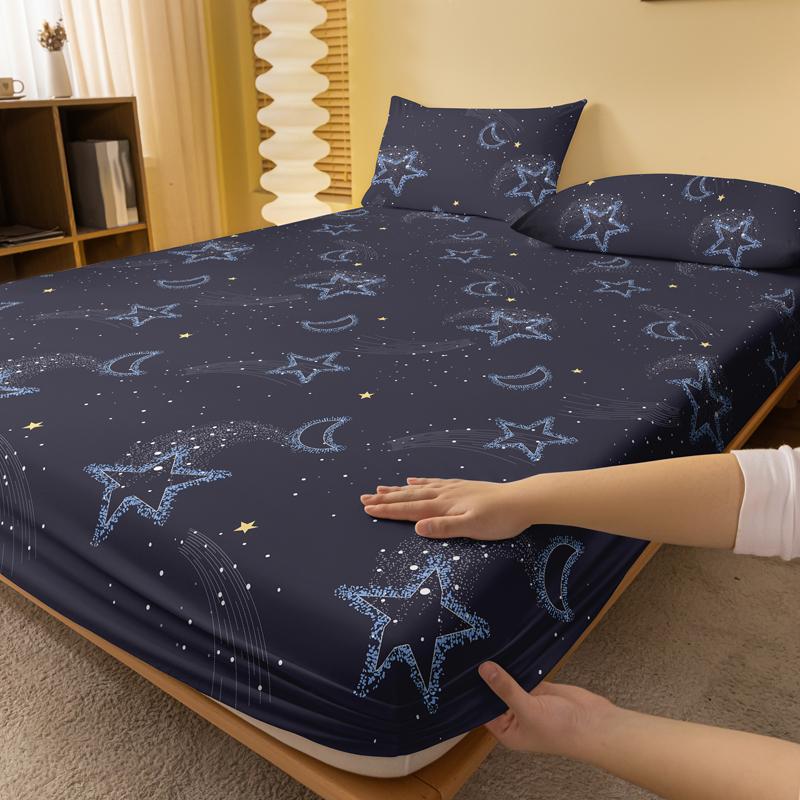 1 Simple Modern Stars Moon Printed Matte Fitted Sheet, Bedroom Printed Bed Cover, Bedding (Excluding Pillowcases)