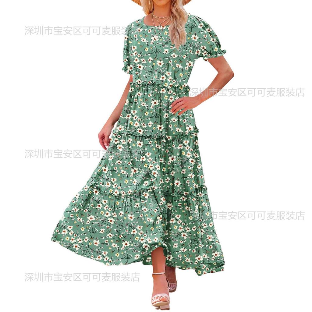 New spring and summer women's clothing bubble sleeves floral fashion and thin pleated long printed dress