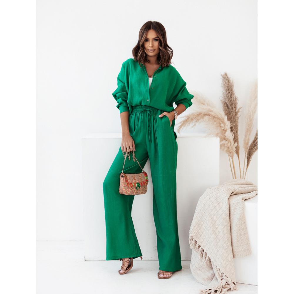 Women's 2-piece Casual Solid Color Loose Stretch Pleated Long-sleeved Shirt Wide-leg Pants