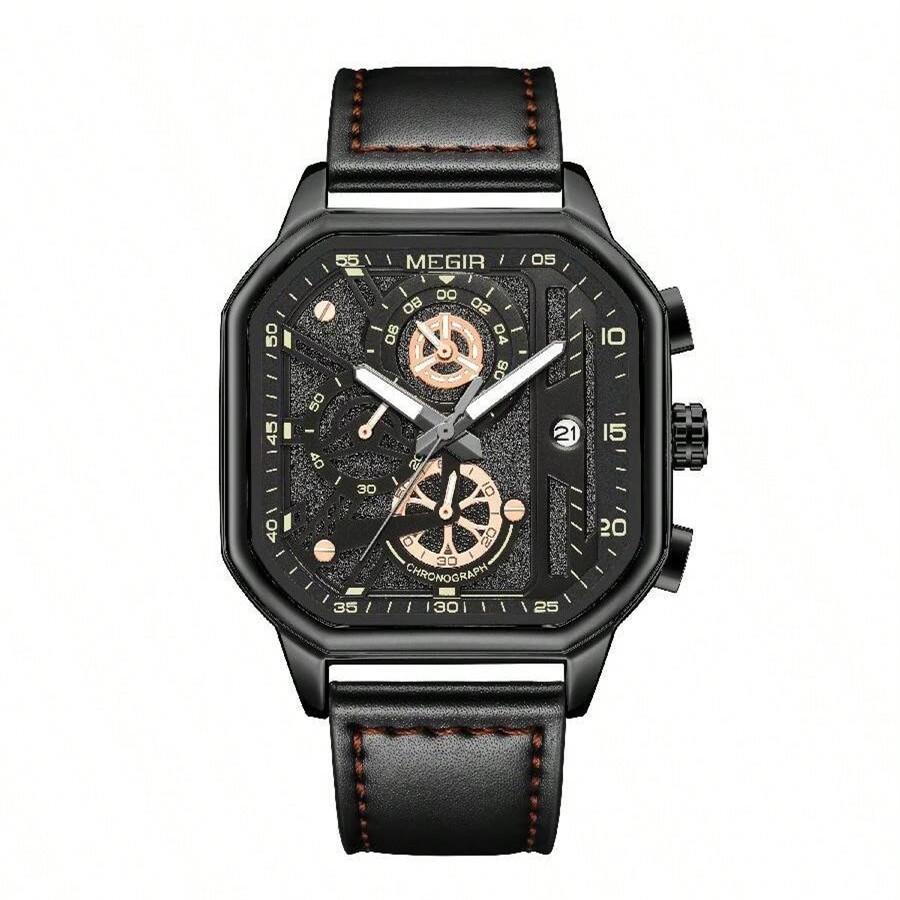 

Мужские аналоговые кварцевые хронографы MEGIR Squre Business Work, светящиеся спортивные наручные часы с кожаным ремешком 8106G чёрный
