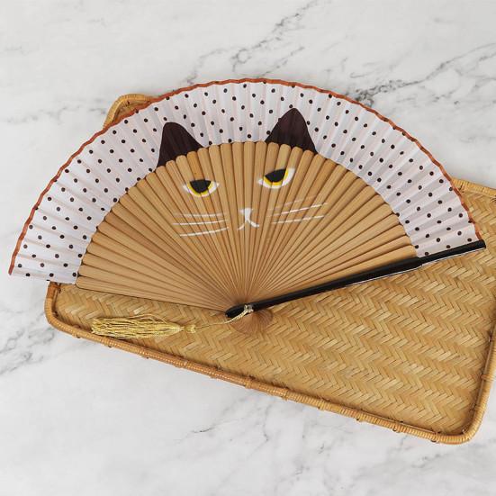 Cartoon Cat Folding Fan Japanese Style Wooden Hand Held Fan