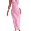 European-American Sheer Lace Strappy Halter Lingerie Nightgown with Open Back