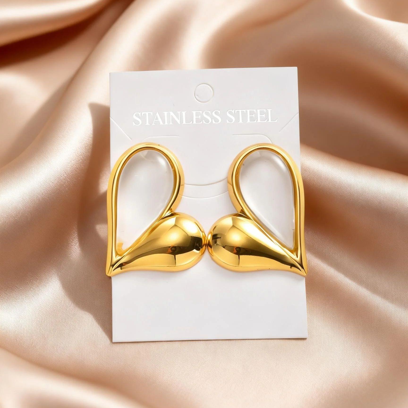 

Gold Plated Stainless Steel Big Heart Stud Earrings for Women, High Polished Half Transparent Earrings, Trendy Statement Jewelry