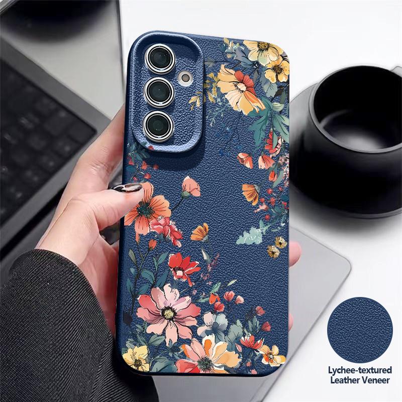 Luxury Flowers Print Case For Samsung S26 Ultra A57 A37 A17 A18 S25 S24 S23 S22 Ultra S21 FE A15 A35 A55 A16 A36 A56 5G Leather Texture Soft Cover