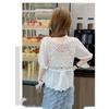 Women Floral Embroidery Crochet Blouse V Neck Puff Sleeve Button Down Casual Top