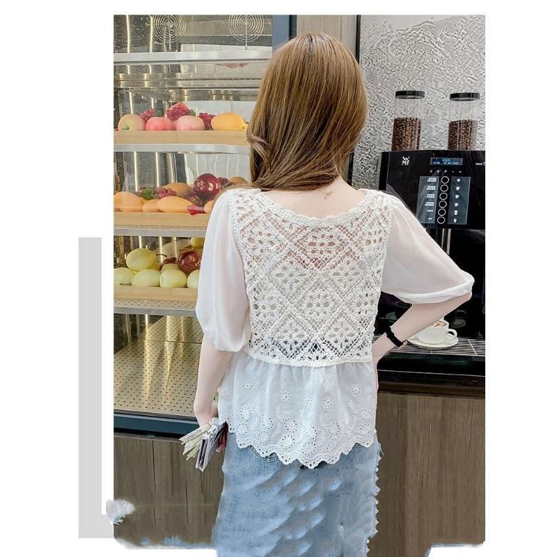 Women Floral Embroidery Crochet Blouse V Neck Puff Sleeve Button Down Casual Top