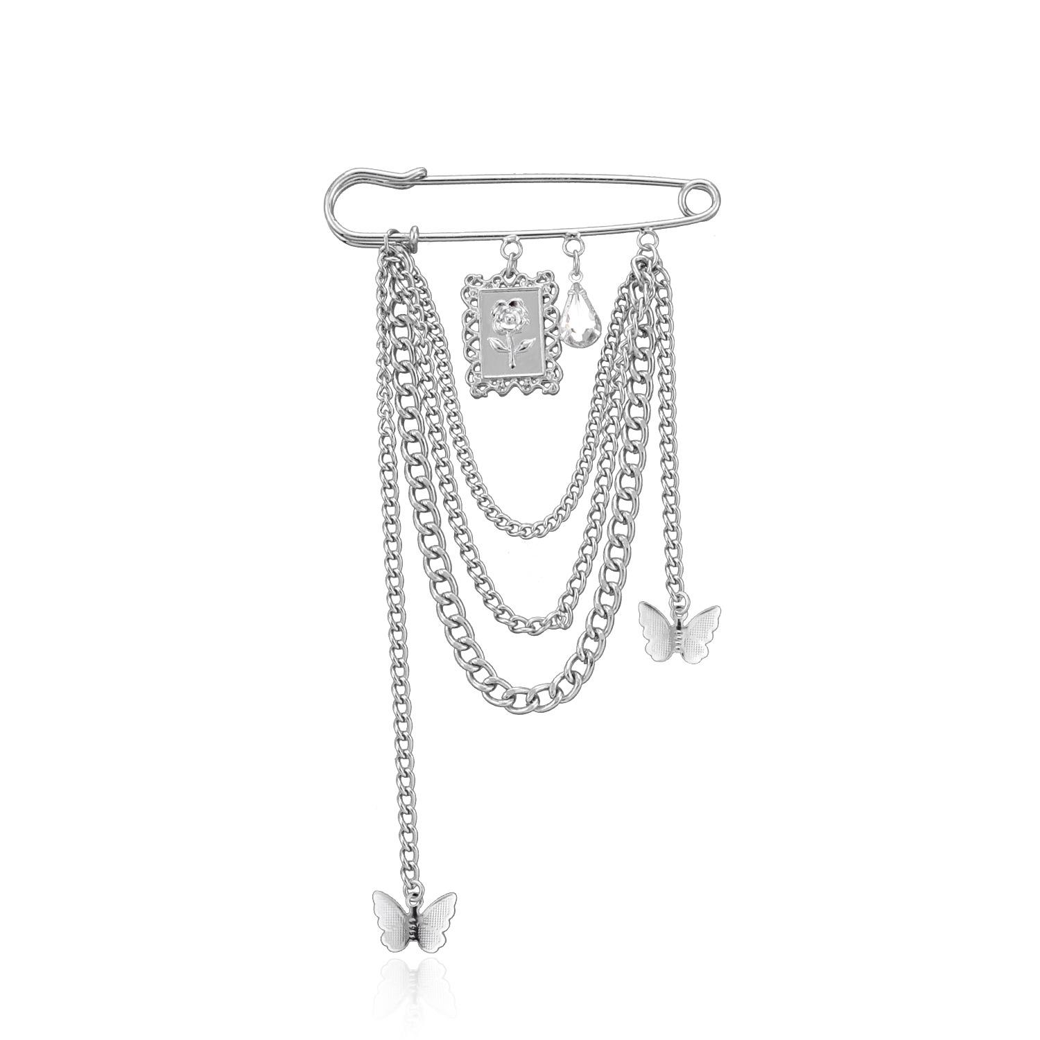 

European and American jewelry, trendy multi-element rose butterfly brooch for women, fashionable rhinestone chain pin pendant