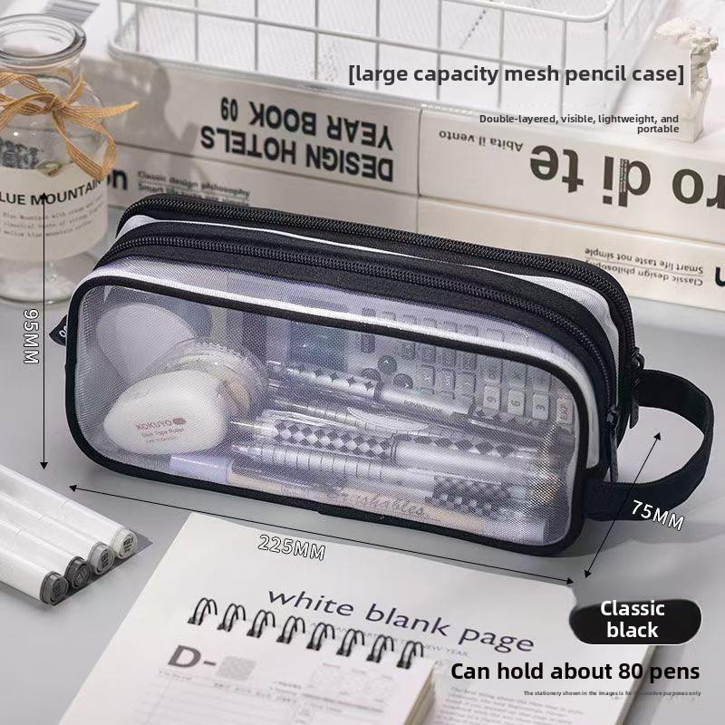 Student Double Layer Mesh Transparent Pencil Case With Large Capacity For School Use