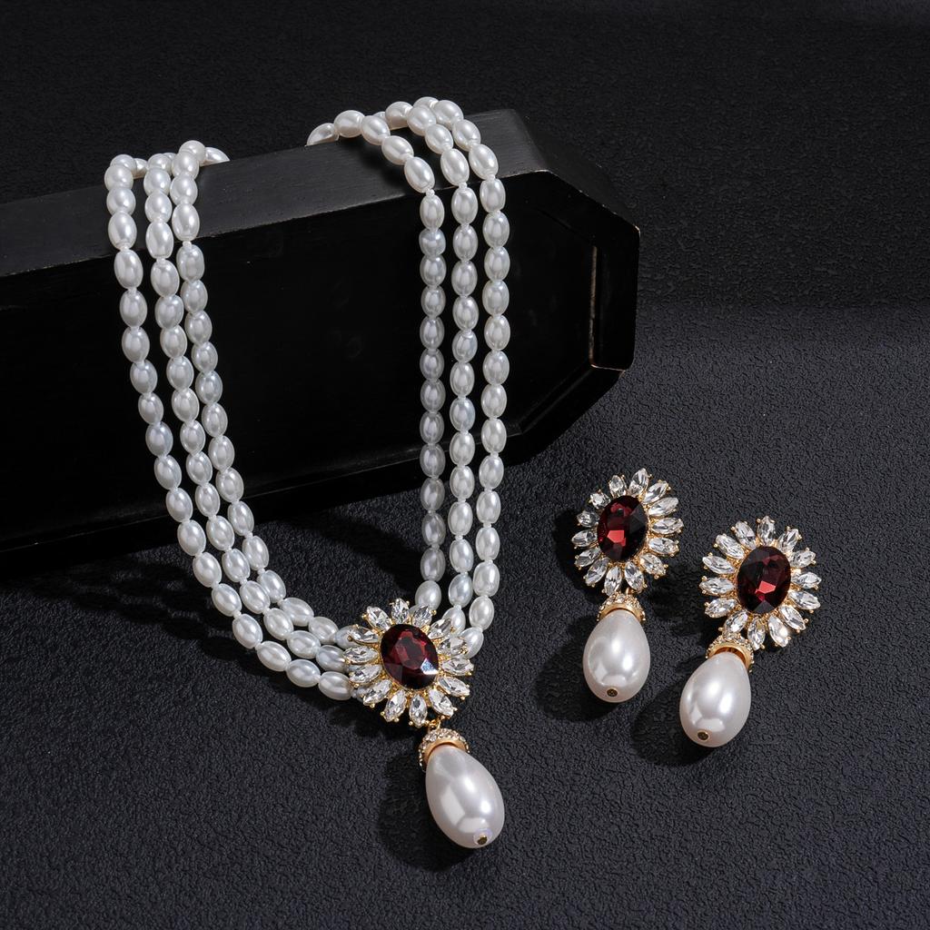 Diamond-set Imitation Pearl Flower Water Drop Necklace Elegant Fashion Accessories