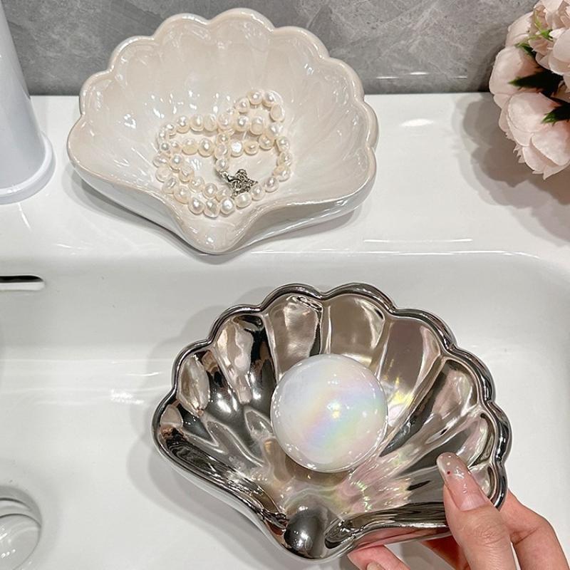 Shell Shape Ceramic Drain Soap Dish Holder Creative Home Solid Color Soap Dishes Jewelry Boxes Storage Box Bathroom Accessories