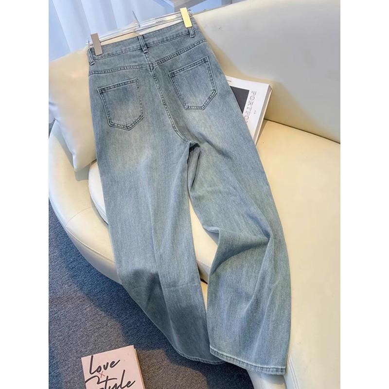 Light Wash Wide Leg Jeans Women Thin Loose Straight Cut High Waist Cotton Denim Pants