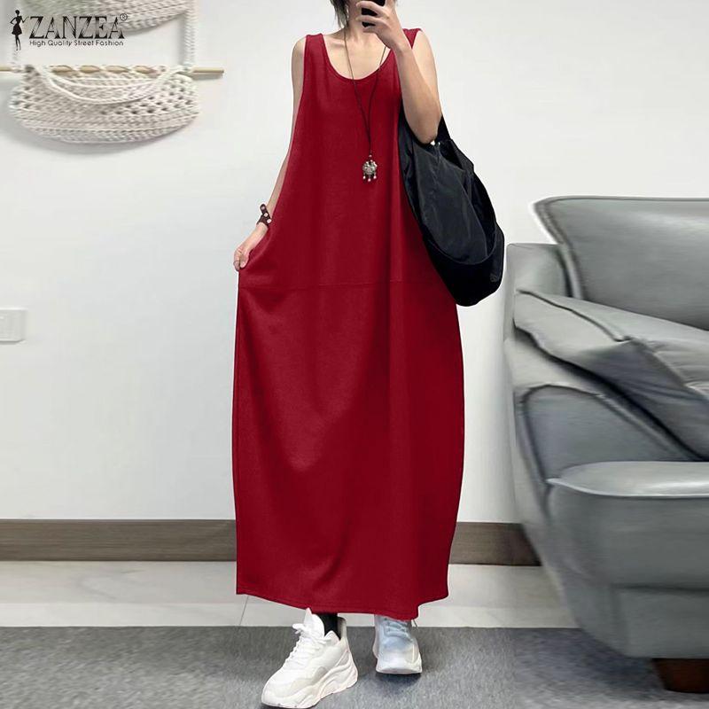 ZANZEA Women Casual Round Neck Sleeveless Loose Long Dress with Pockets