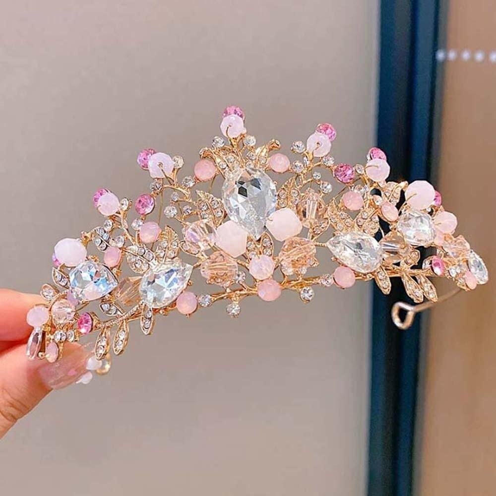 Vintage Pink Floral Crown Shiny Alloy Crown Hair Accessory Hair Hoop Hair Ornaments Princess Rhinestone Tiara Kids Headwear