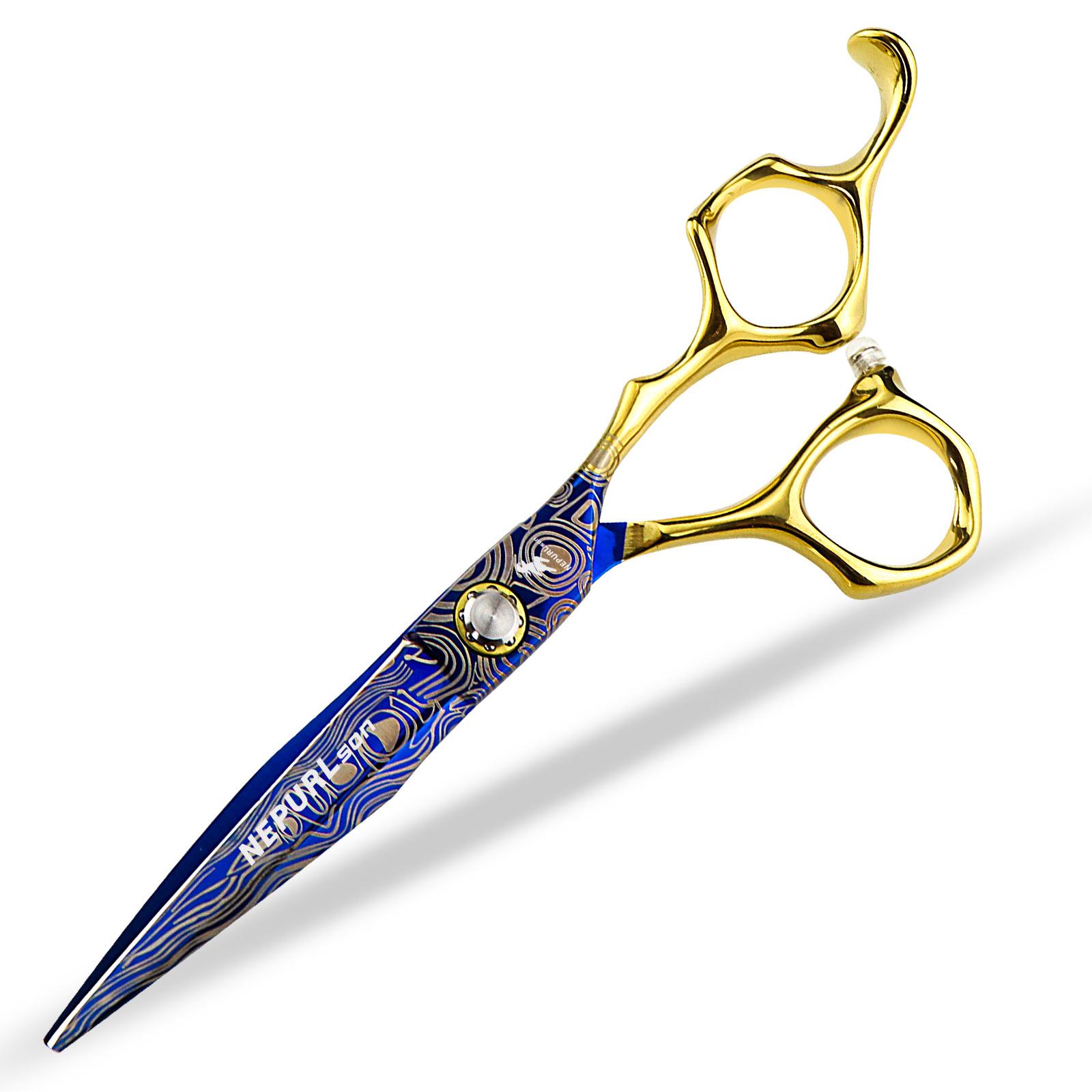 6.0 Inch Nimpson Gold Handle Blue Pattern Hair Scissors, Hair Scissors, Flat Scissors, Bangs Scissors Straight head & chromium vanadium stainless steel