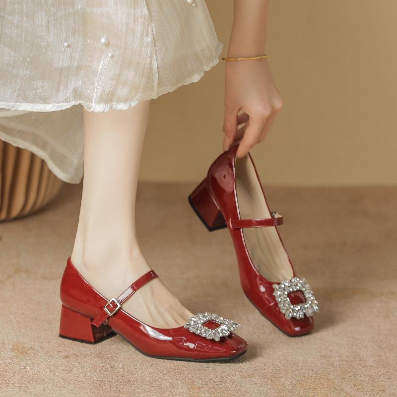 Wedding shoes Bridal shoes Temperament rhinestone square head shallow mouth with red retro Mary Jane thick heels high heels