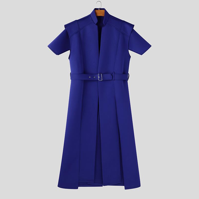 

INCERUN Мужские топы без рукавов с воротником-стойкой и поясом, длинные, повседневные туники, футболки 5XL синий