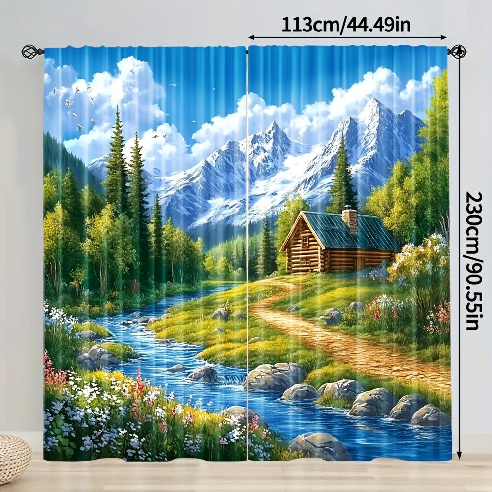 2pcs Blackout Curtains - Scenic Mountain Brook Landscape Print 100% Polyester, Rod Pocket Light Blocking Drapes for Bedroom Livi