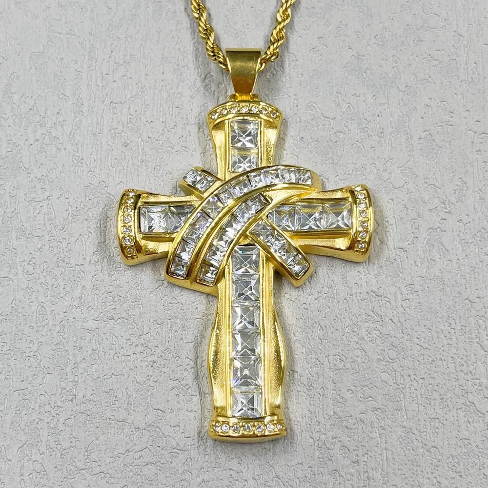 Classic Vintage gold color Cross Pendant Necklace Men Ladies  with rhinestone  Religious Amulet Necklace