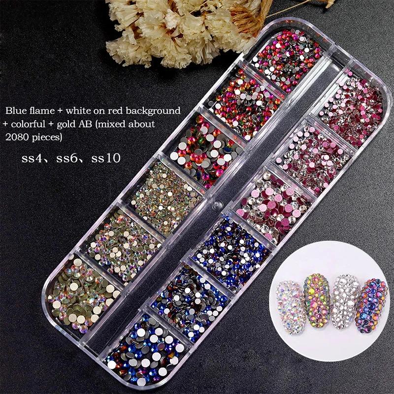 750 Stück Nagelkunst-Dekorationen, AB-Kristall-Nagel-Strasssteine in mehreren Größen, flache Unterseite, kristallklare Diamant-Edelsteine, DIY-Nägel, Glitzer