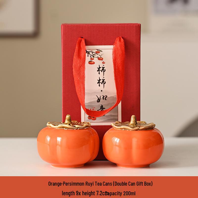 Charming Persimmon Ruyi Ceramic Tea Box & Mini Candy Jar Gift Set