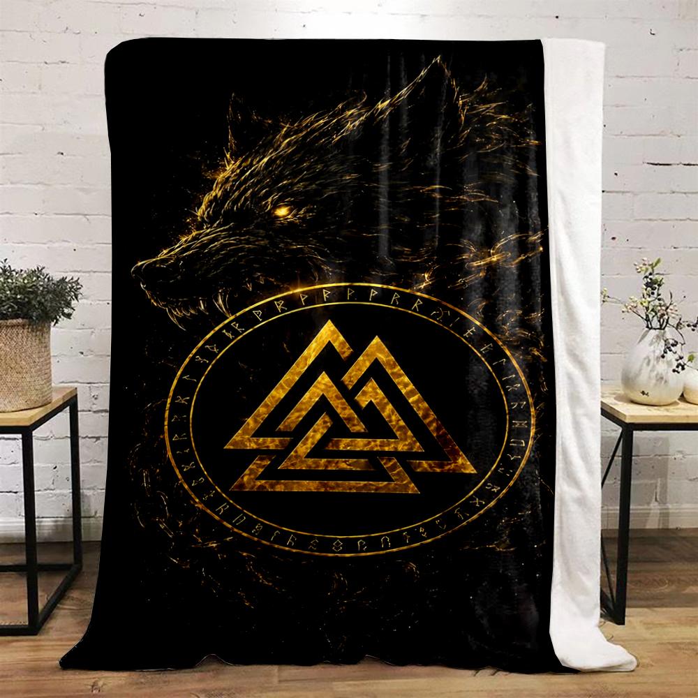 Golden Nordic Wolf Symbol Warm blanket Design Flannel blanket for bedroom, living room, sofa, and nap.