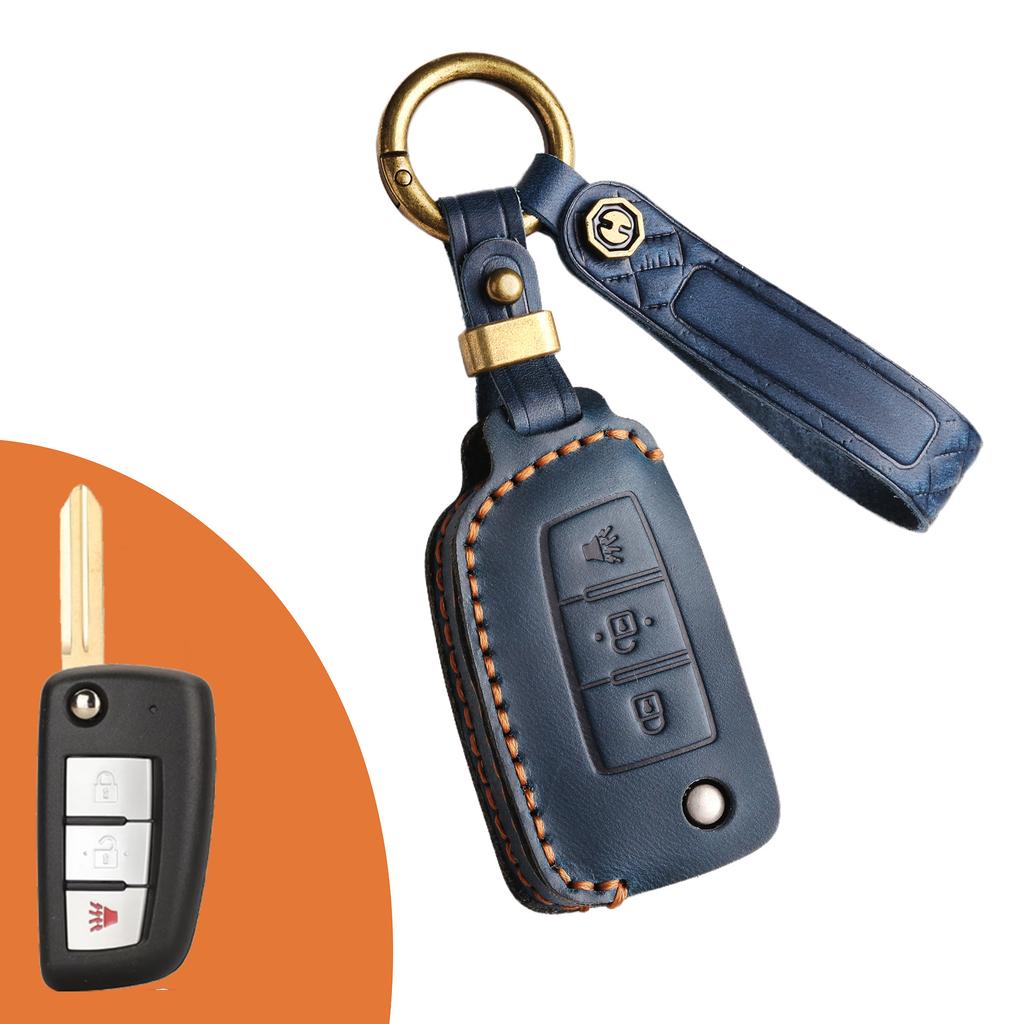 The key cover is suitable for Nissan folding key bag, genuine leather, handmade auto supplies.