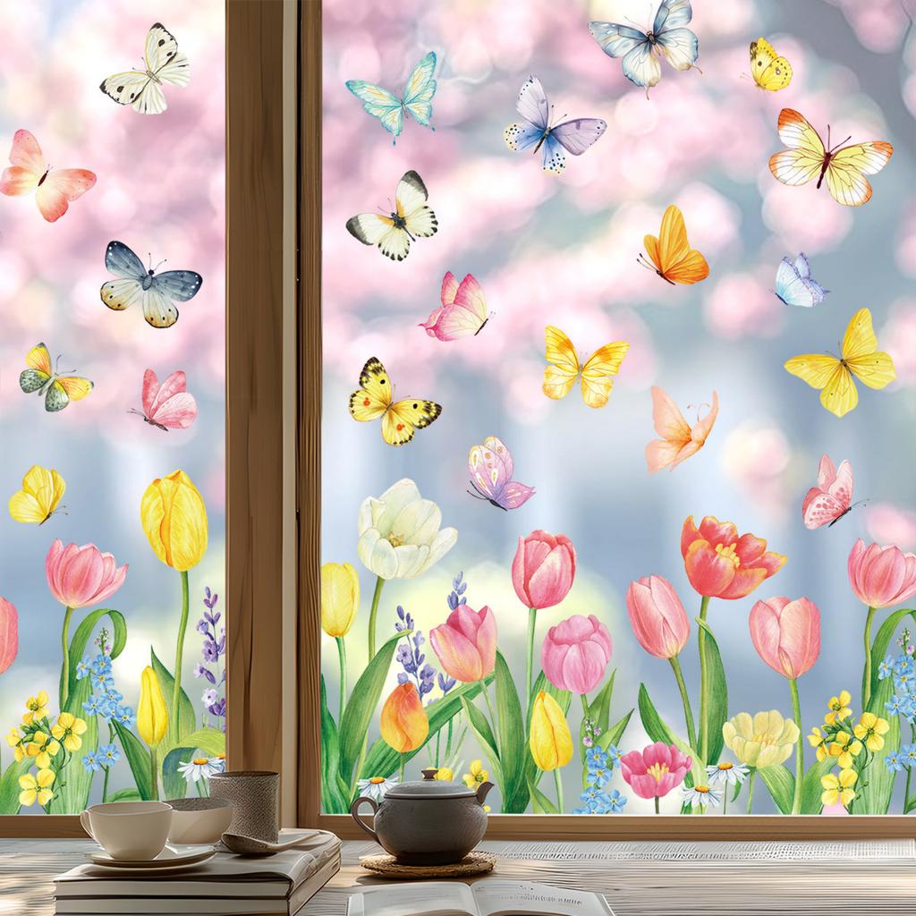 9 Sheets Spring Window Clings Stickers Watercolor Butterfly Floral Window Decals For Holiday Party Home Offices Shop Glass Display Decoration