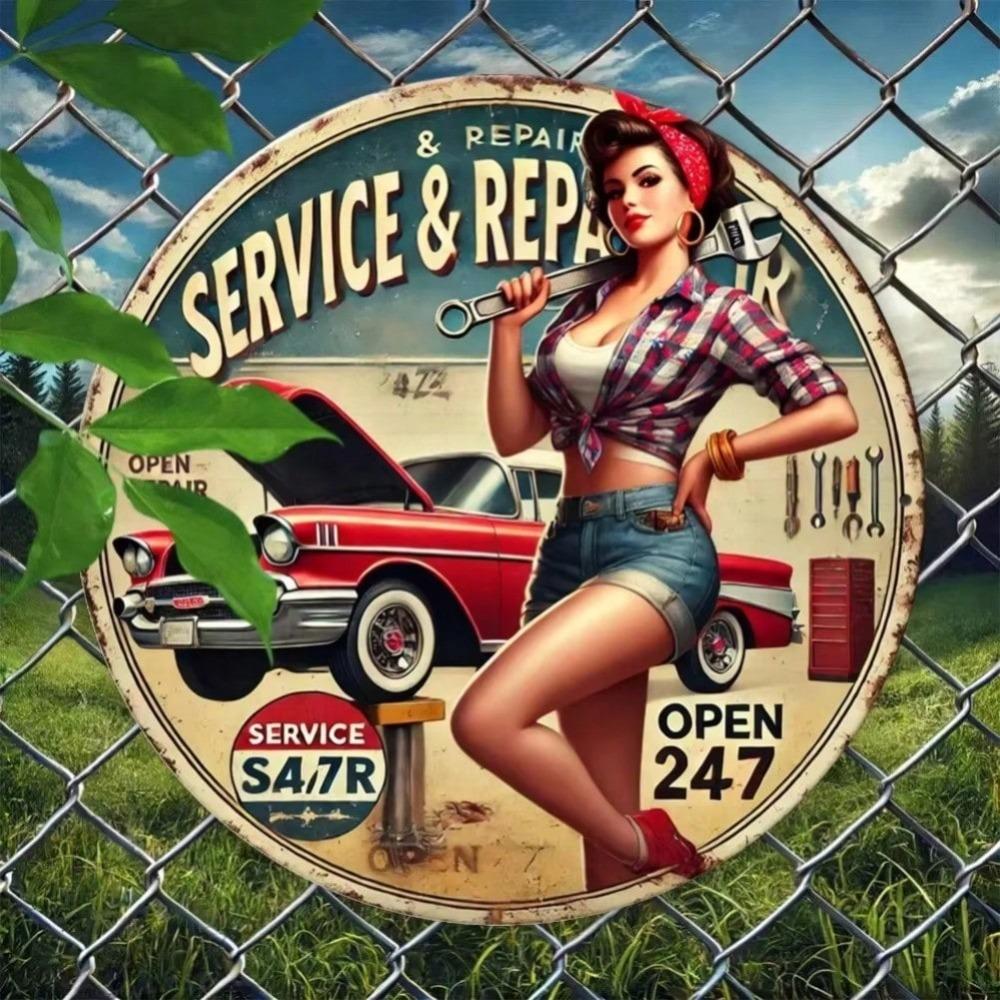 Retro Car Girl Metal Sign Art Waterproof Bar Cafe Home Wall Decor