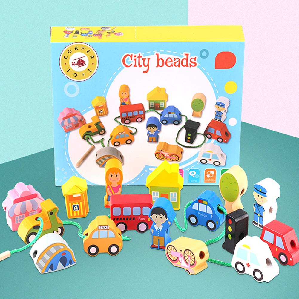 CORPER TOYS Wooden Stringing Toy Set, Vehicle Transportation Classic Series, Finger Training, Bead Play, Boys and Girls, Colorful Christmas Toy, Ages