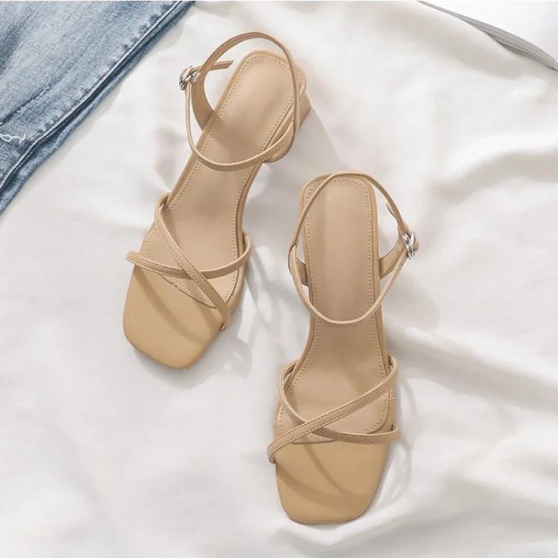 Summer Square Heel Women's Sandals Women's Shoes Black Versatile Fashion Elegant Middle Heel Shoes