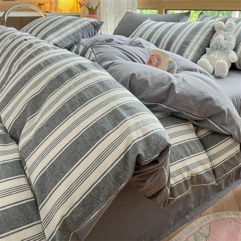 High Quality Striped Printed Pure Cotton Bedding Sets Skin Friendly Breathable Soft Quilt Kit Non Color Fading Bed Set