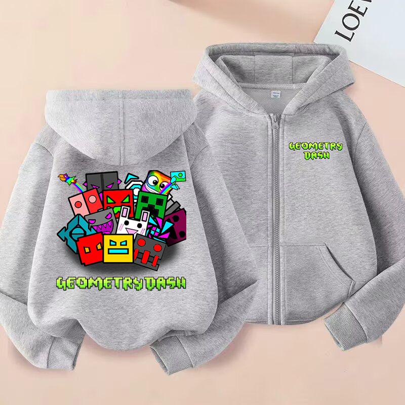 Sudadera con capucha y cremallera impresa de Geometry Dash Ropa para niño y niña Tops casuales Chaqueta abrigo de manga larga Sudaderas con cremallera de dibujos animados para niños