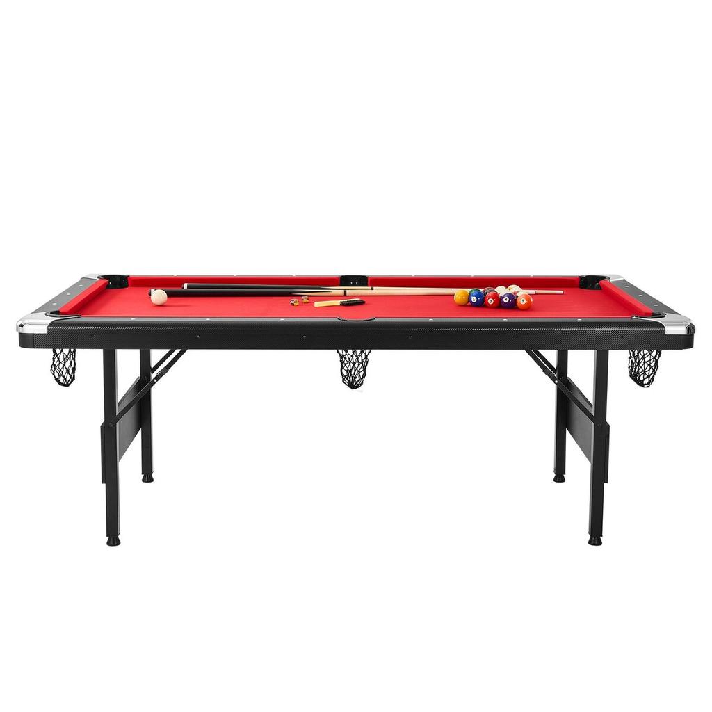 Billiards Table, 7 ft Pool Table, Portable Foldable Space-Saving Table, Billiard Table Set Includes Balls, Cues, Chalks and Brush, Black with Red