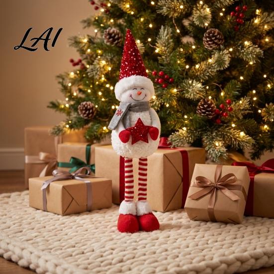 Holiday Standing Snowman Doll Christmas Plush Sequins Hat Legs with Extendable Holding Star Decorative Dolls