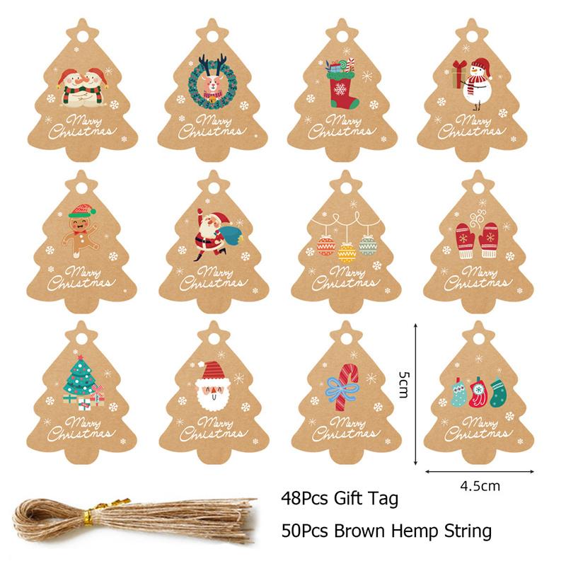 48Pcs Merry Christmas Tags Kraft Paper Card Gift Label DIY Hang Tags Gift Wrapping Decor