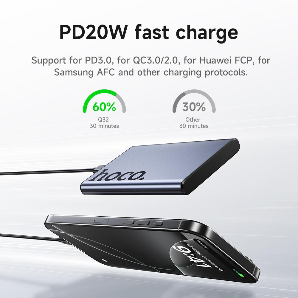 Hoco . Q32 5000mAh 15W Magnetyczny Bezprzewodowy Power Bank z Szybkim Ładowaniem PD20W, Ultracienka Przenośna Ładowarka, 18W samoładowanie