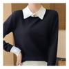 Navava Long Sleeve Collar KniT T shirT wiTh Simple Color Block Nk2322