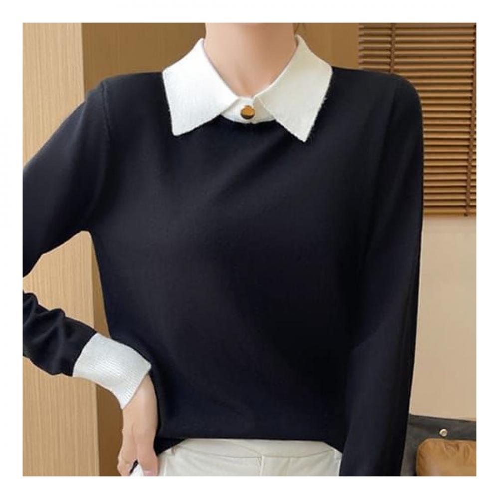 Navava Long Sleeve Collar KniT T shirT wiTh Simple Color Block Nk2322