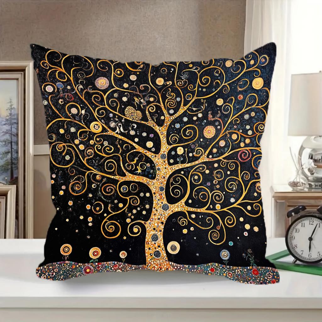 Retro Klimt Inspired Tree Of Life Pillowcase Geometric Pattern Polyester Fabric Decorative Cushion Cover For All Room Types Home