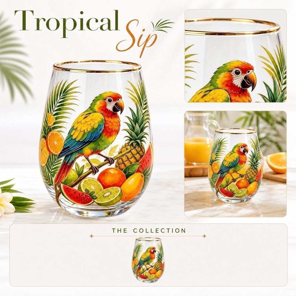 Glass Juice Cup with Tropical Fruit and Parrot Print Stemless Drinking Glass Suitable for Home Use Durable and Decorative Beverage Container