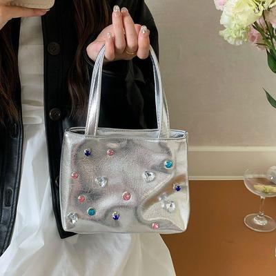 Niche Portable Rhinestone Bag for Women New Hot Girl Style Crossbody Bag Tote Bag Ins Silver Mobile Phone Bag Trend