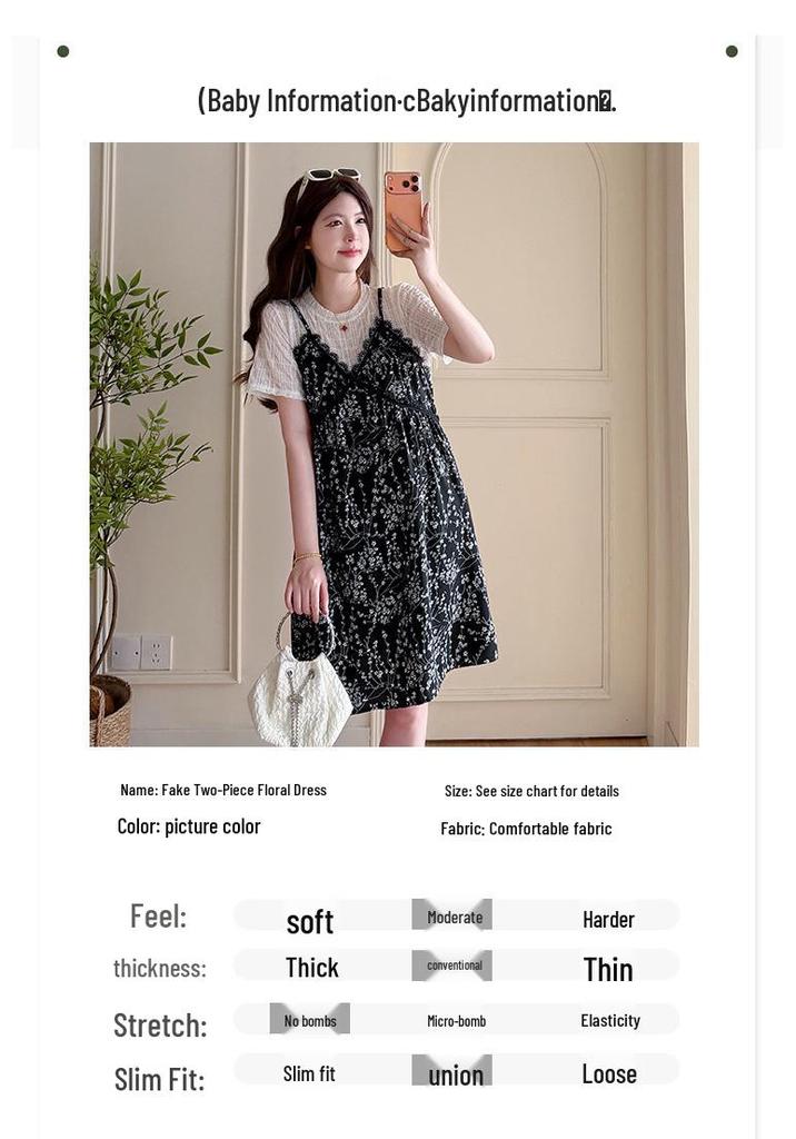 Summer Maternity Faux Two-Piece Floral Print Loose Plus Size Elegant Slimming Dress