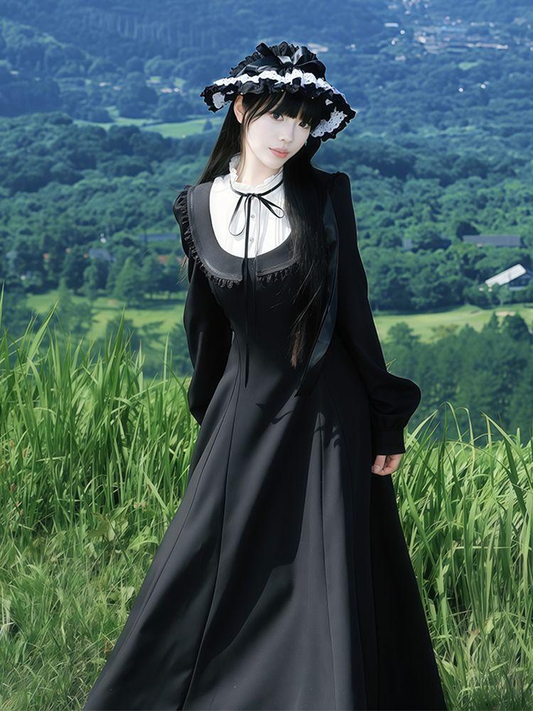 Vintage Balck Y2k Midi Dress Sweet Harajuku Gothic Long Sleeve Dress Autumn Winter A Line Lace Dress Women Korean Fashion